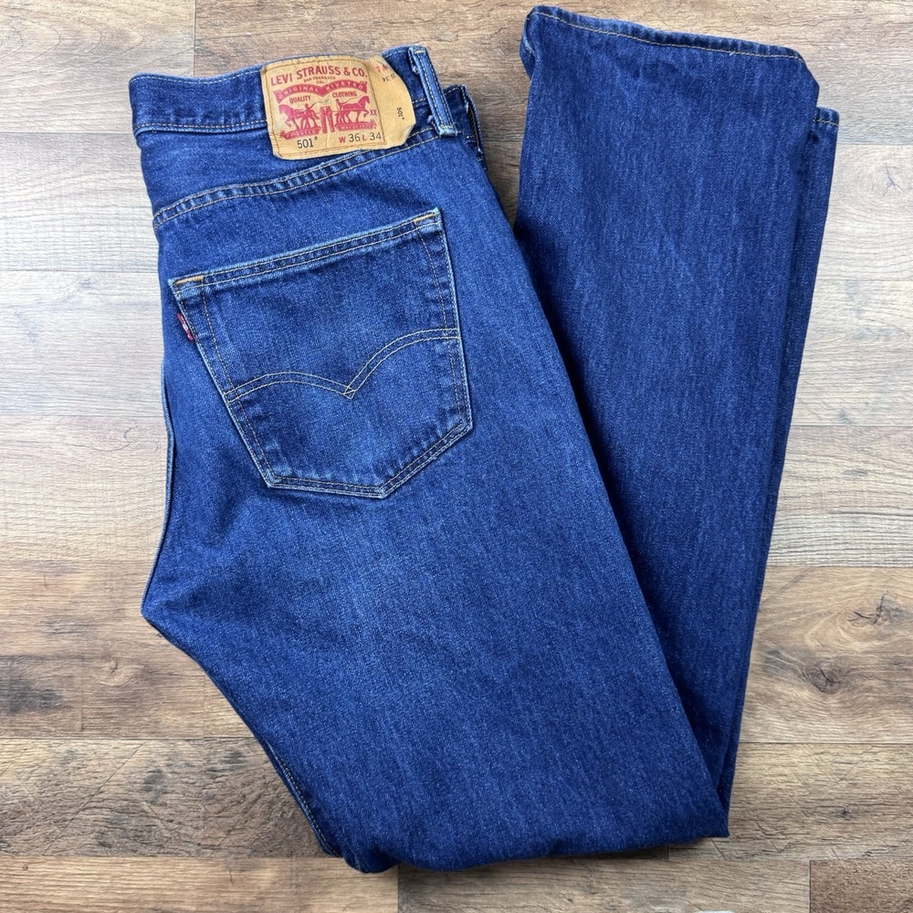 Levis 501 Jeans 36x34 Stretch Dark Wash Denim Button Fly Straight